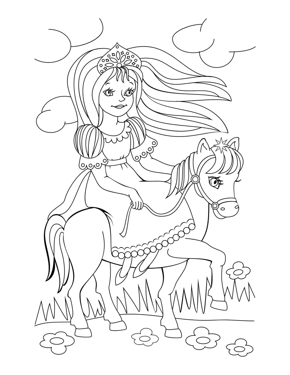 Free Download Coloring PDF, Princess Riding Horse Flowers Coloring Pages Pdf